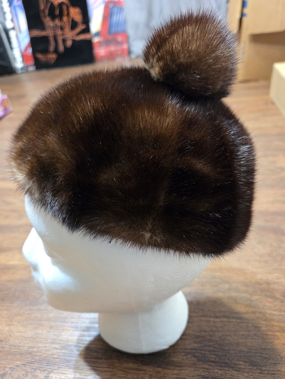 Vintage Brown Mink Fur Pom Pom Beanie Hat